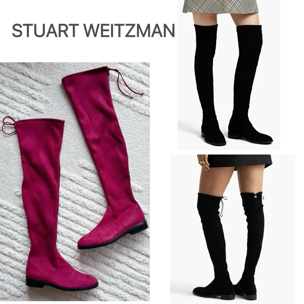 $798 Stuart Weitzman Jocey Over the Knee OTK Boots Cranberry Red Suede US 9.5